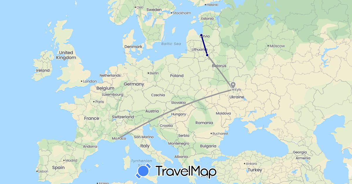TravelMap itinerary: driving, plane in Lithuania, Latvia, Monaco, Ukraine (Europe)